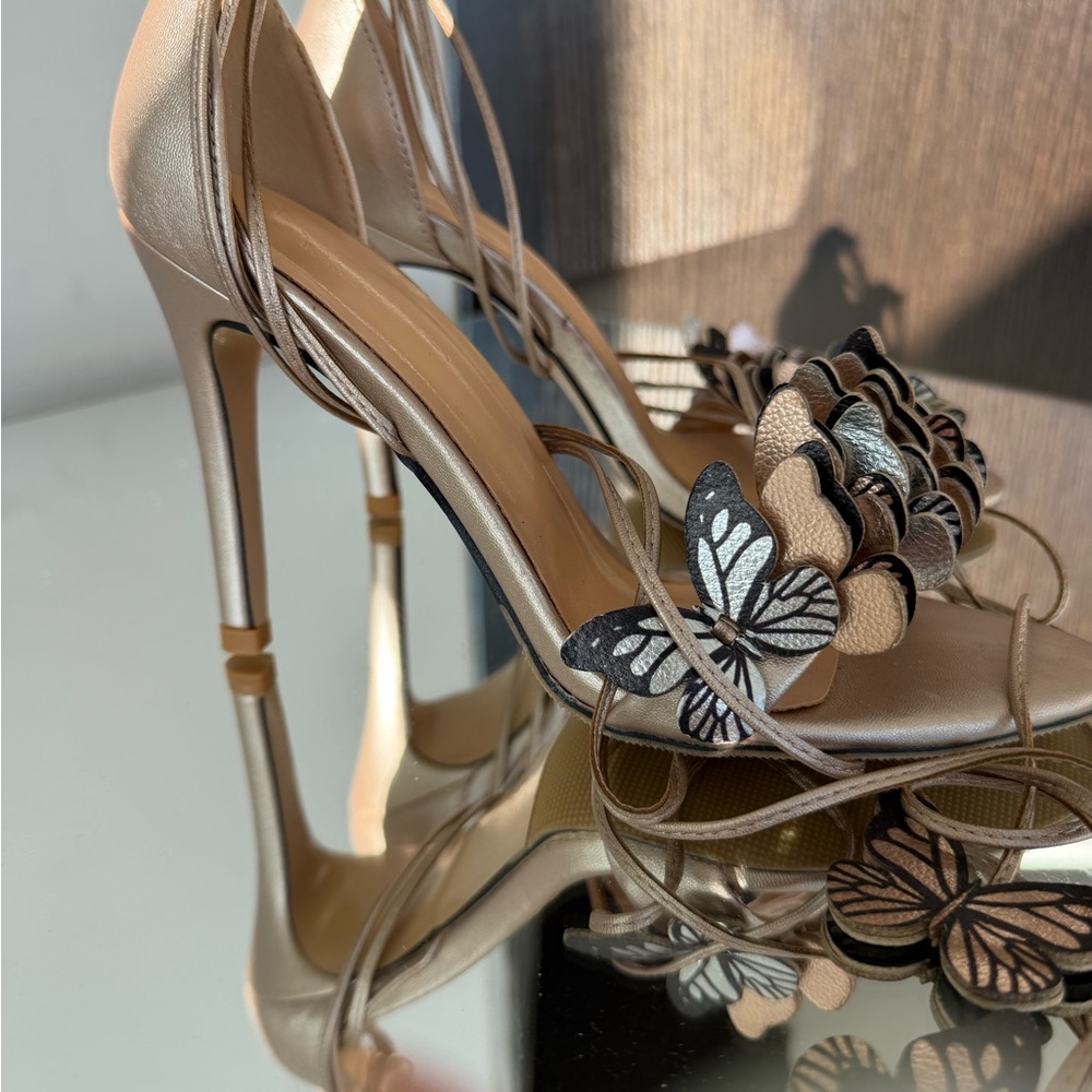 Elegant Butterfly Embellished Tan Heels strap stiletto gold sexy